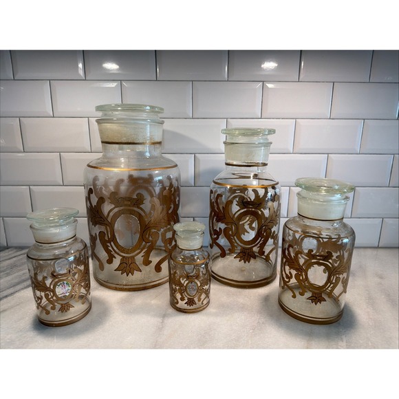 Other - Set Of 5 Antique Clear Glass Apothecary Pharmacy Lidded Jars Gold Hand Decorated